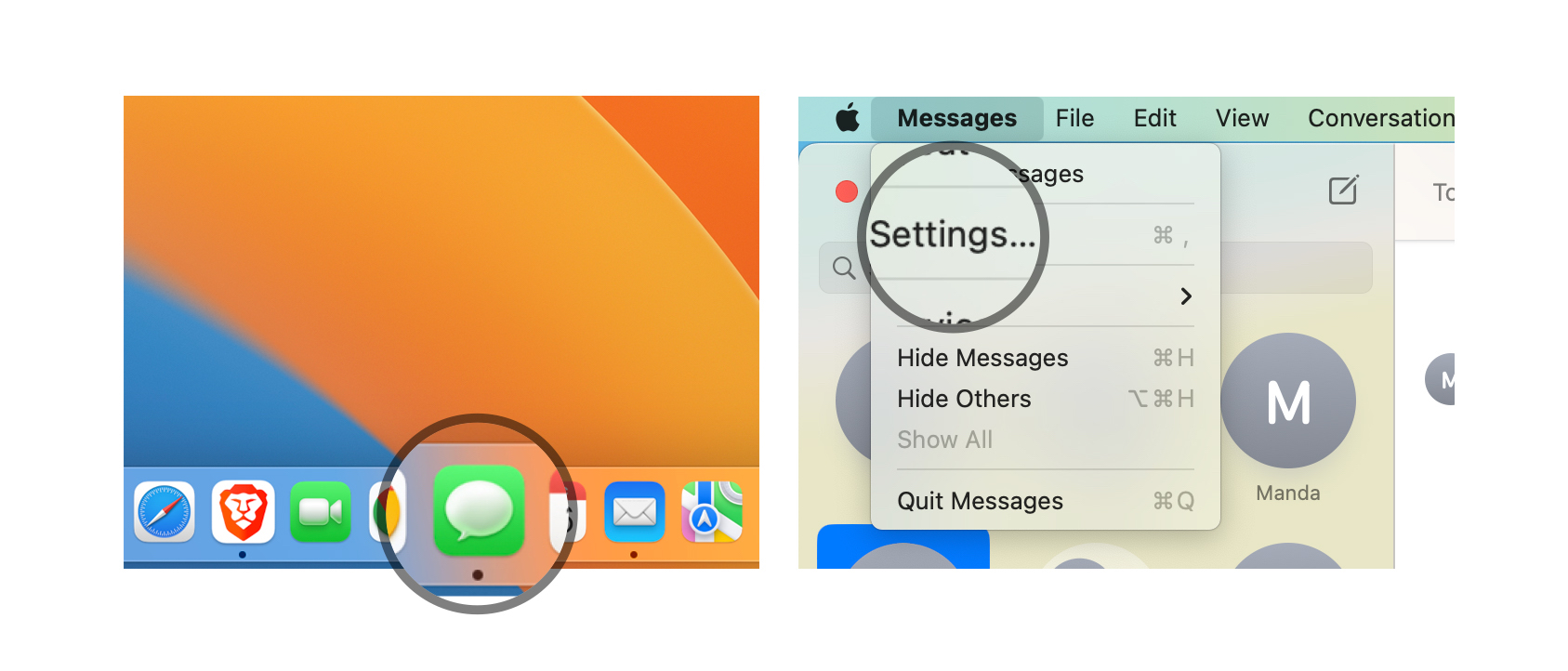 Inicie Mensajes en su Mac.  Abra la configuración de Mensajes (⌘ y , o simplemente haga clic en Mensajes y seleccione Configuración en la barra de menú).