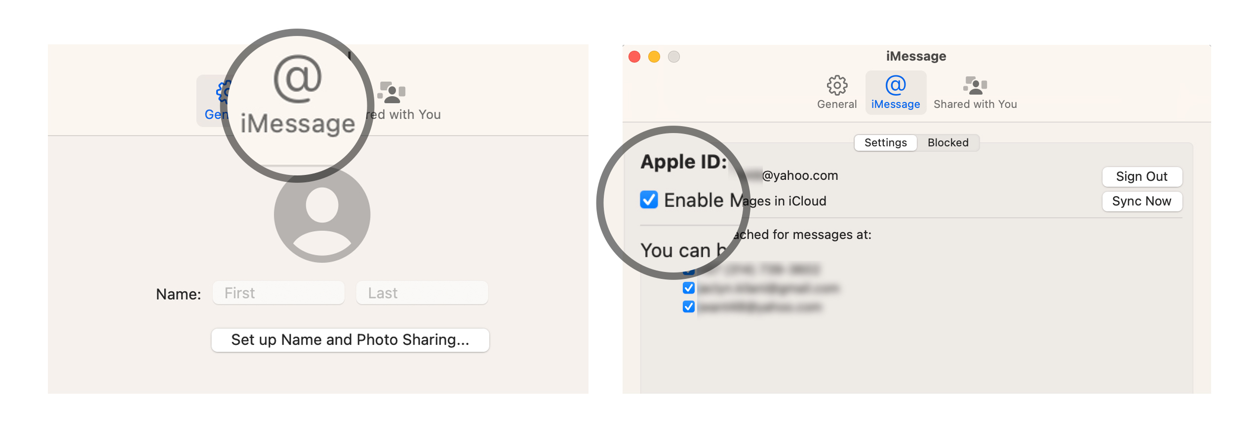 Vaya a la pestaña iMessage en la configuración de preferencias.  Marque la casilla Habilitar mensajes en iCloud.