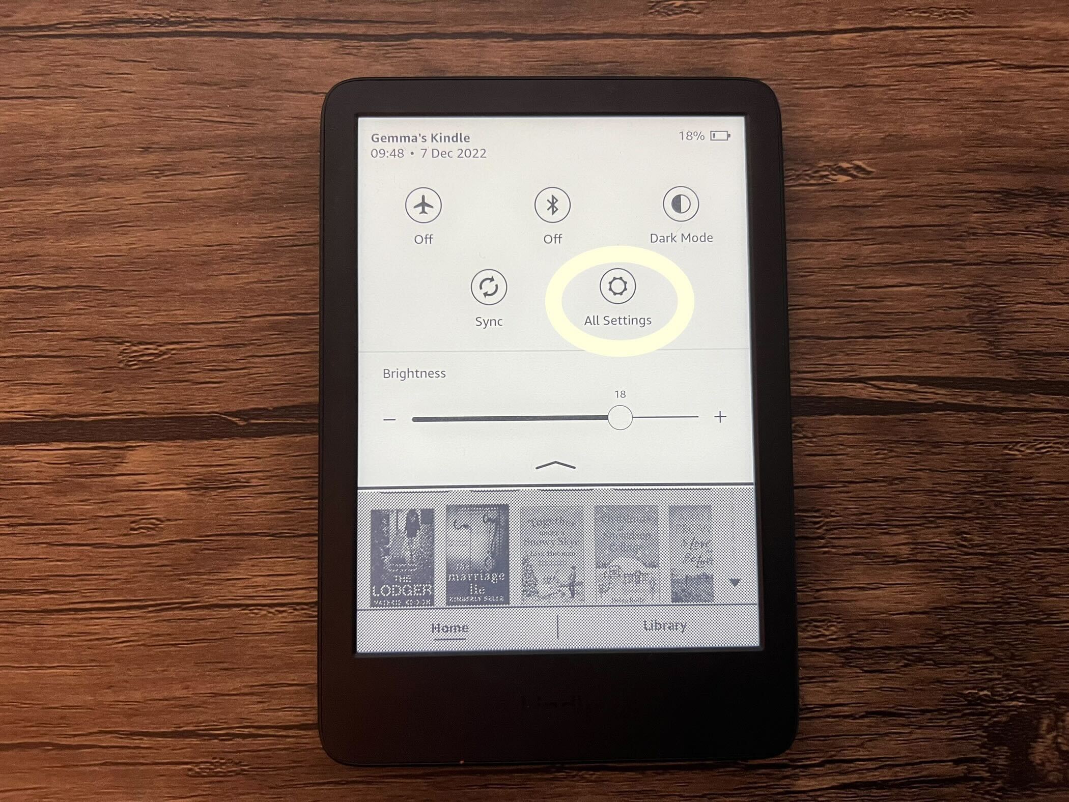 Kindle en el botón Configuración